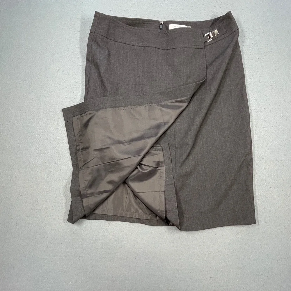 Calvin Klein Gray Side Buckle Faux Wrap Pencil Skirt Women Size 10